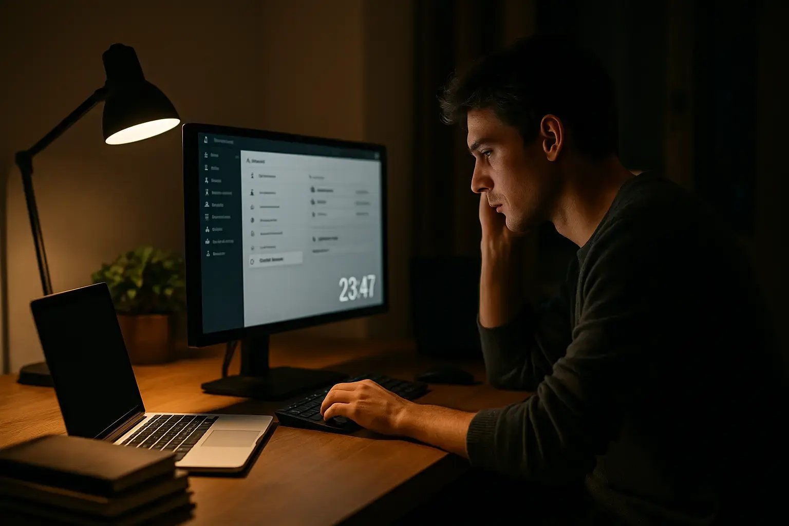 Ein Mann arbeitet spät nachts am Computer, während er auf den Bildschirm schaut. Die Atmosphäre ist gedämpft und konzentriert.