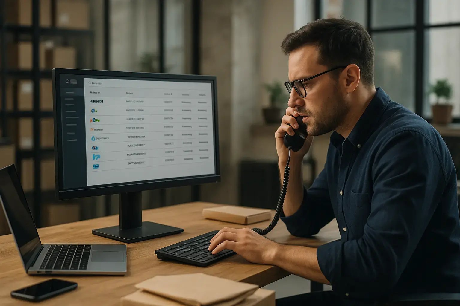 Ein Mann spricht am Telefon und arbeitet am Computer in einem modernen Büro. Der Bildschirm zeigt Daten und Informationen.