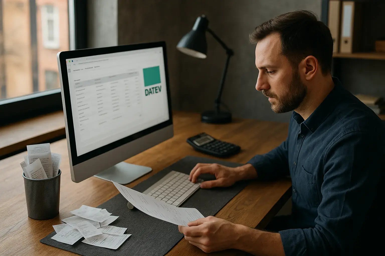 Mann arbeitet am Computer mit DATEV Software und Belegen.