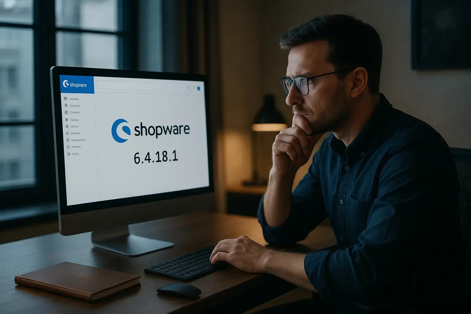 Ein Mann denkt angestrengt nach, während er an einem Computer mit Shopware-Software arbeitet.