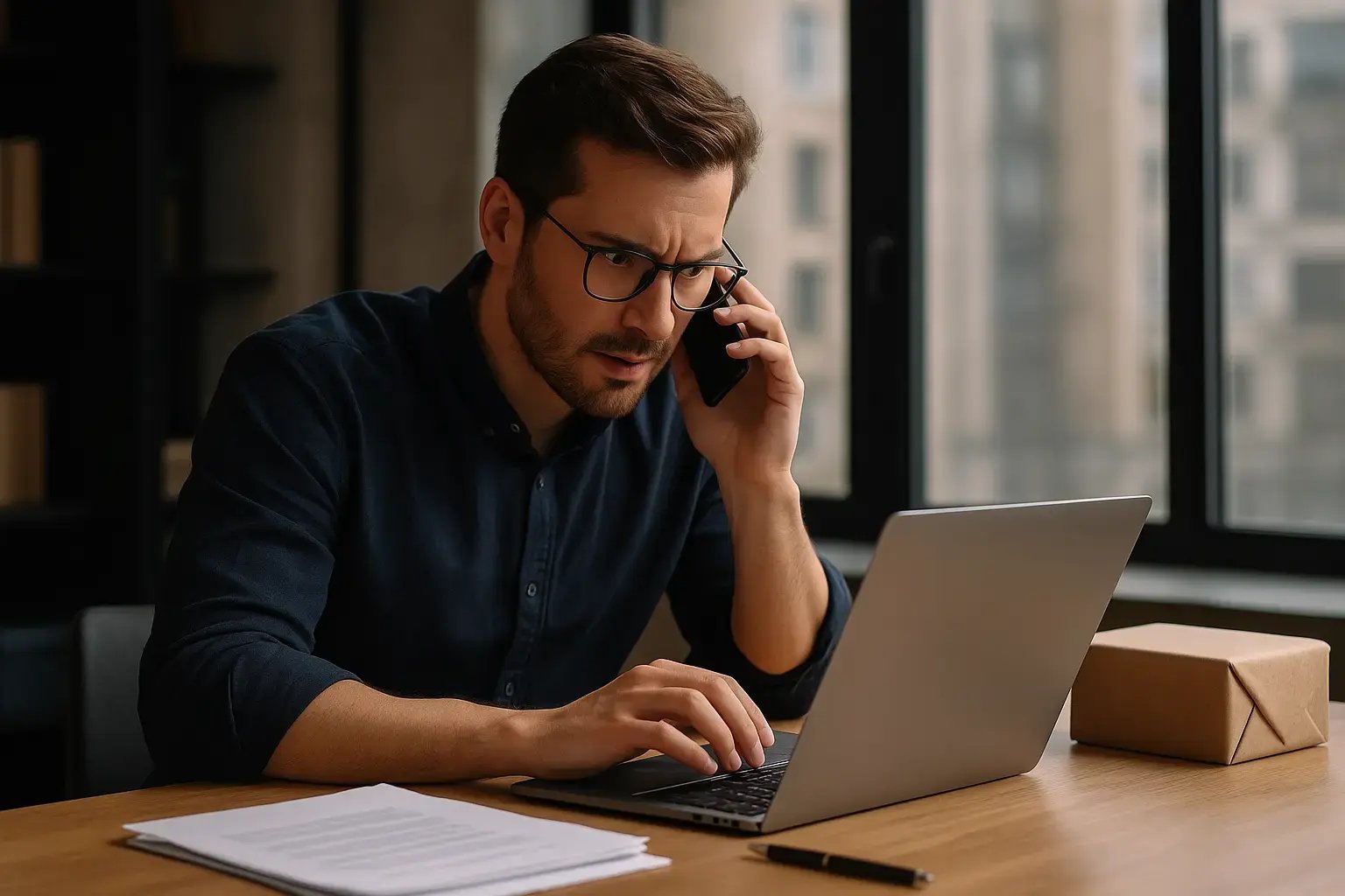 Mann am Laptop, frustriert über fehlende Bestellbestätigung in Shopware 6