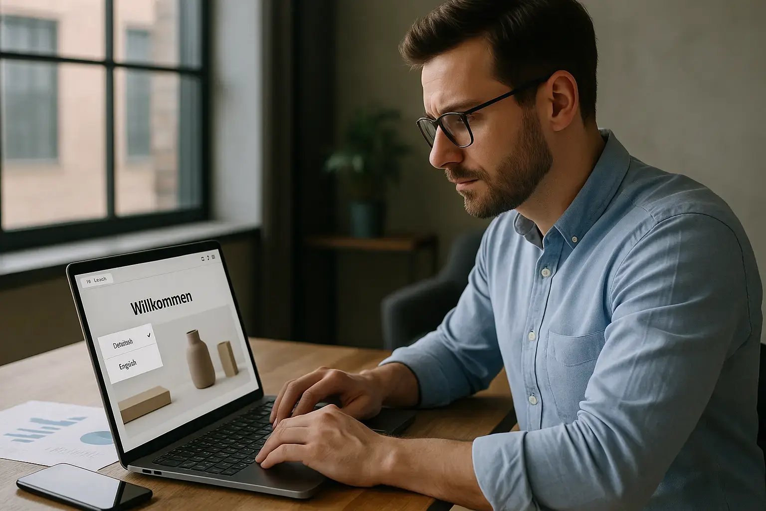 Ein Mann arbeitet an einem Laptop mit einer Shopware 6 Website, die die Sprachoptionen Deutsch und Englisch anzeigt. Die Atmosphäre wirkt konzentriert und produktiv.