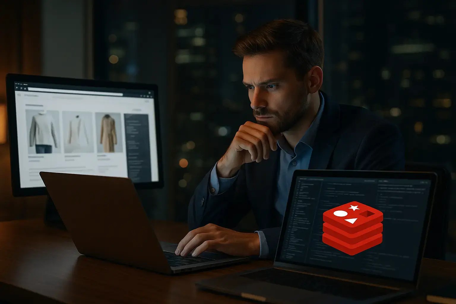 Ein Geschäftsmann analysiert seine Shopware-Website und nutzt Redis zur Optimierung der Performance und des Datenmanagements.