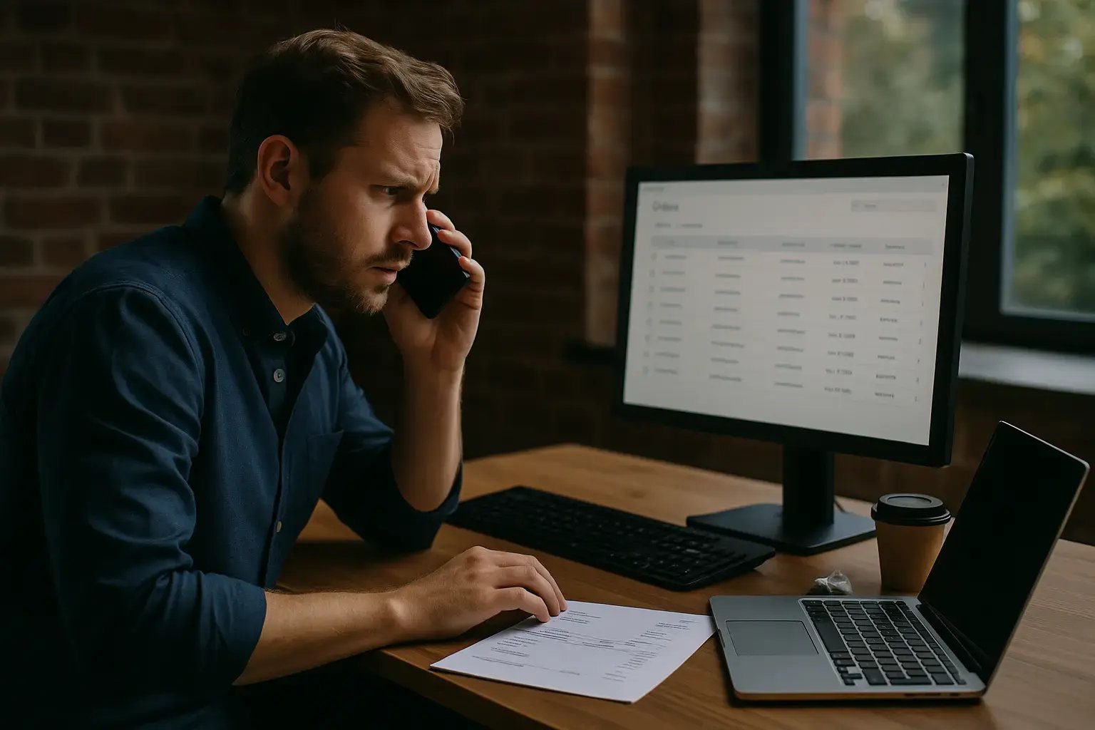 Mann am Telefon, besorgt über Bestellbestätigung in Shopware 6