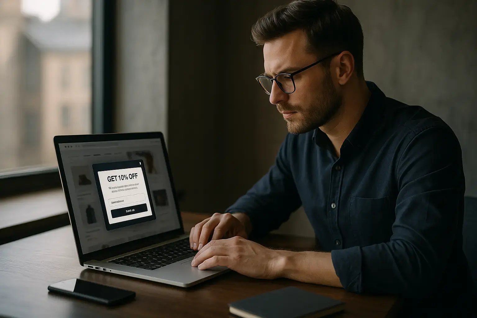 Ein Mann arbeitet am Laptop mit einem Rabattangebot auf dem Bildschirm.