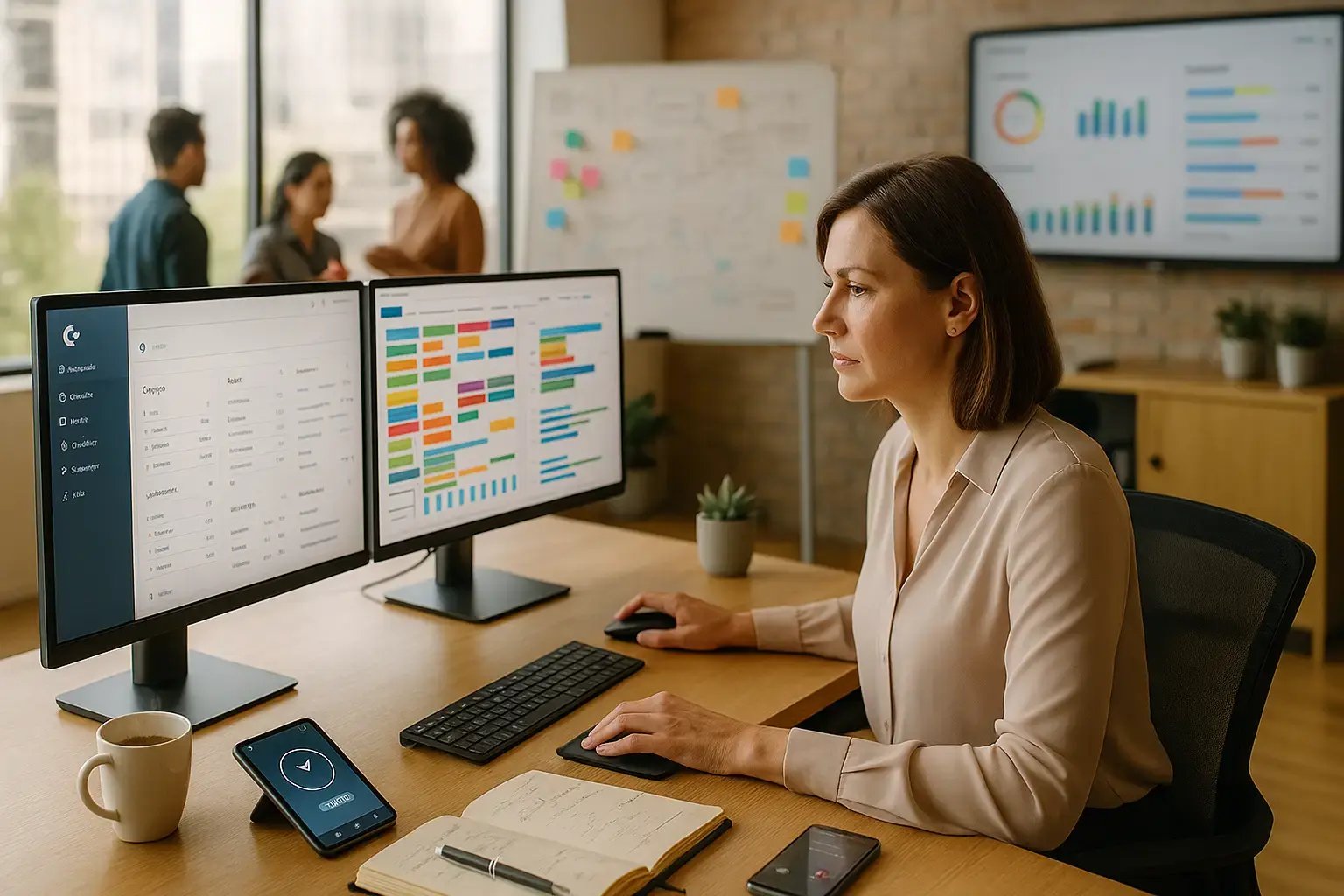 Marketing-Managerin arbeitet an zwei Monitoren mit Kampagnen- und Projektplanungs-Dashboard, im Hintergrund Whiteboard und Teamgespräch