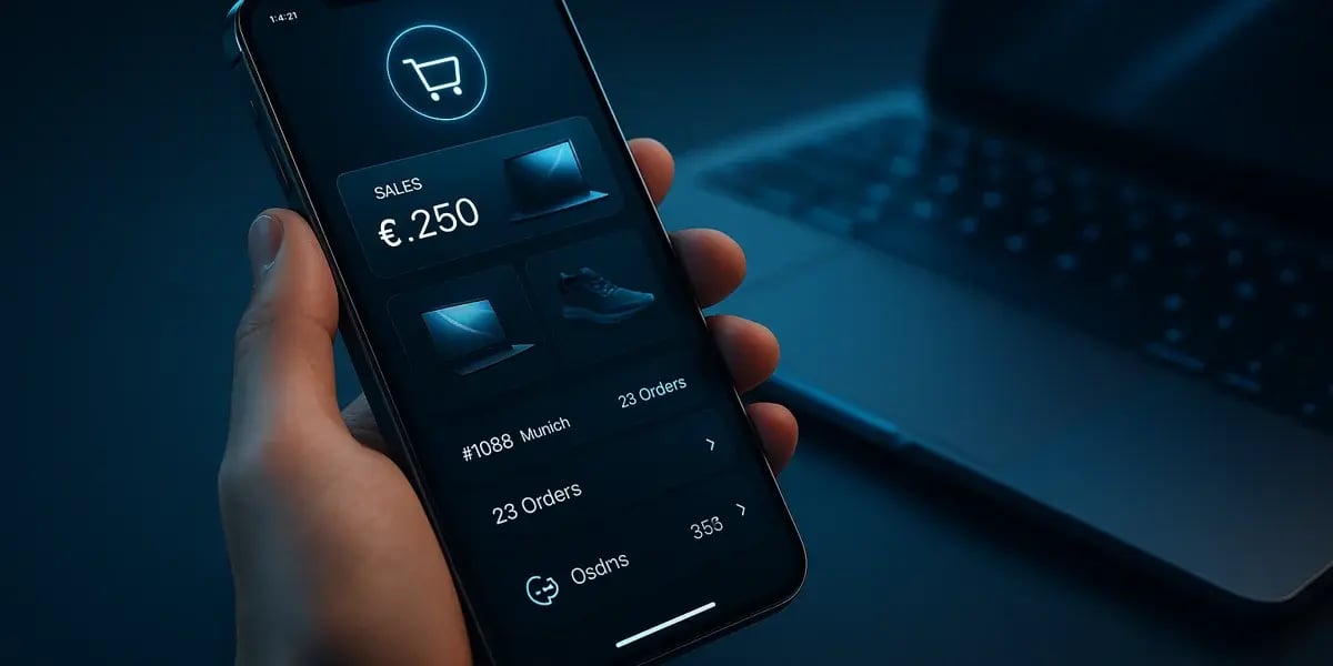Smartphone mit mobilem E-Commerce-Dashboard zeigt Verkäufe und Bestellungen – Symbol für Online-Shop-Verwaltung unterwegs.