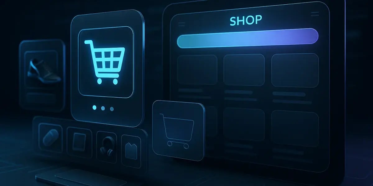 Futuristische Darstellung eines digitalen Shop-Interfaces mit Einkaufswagensymbol und Produkticons in Blau.