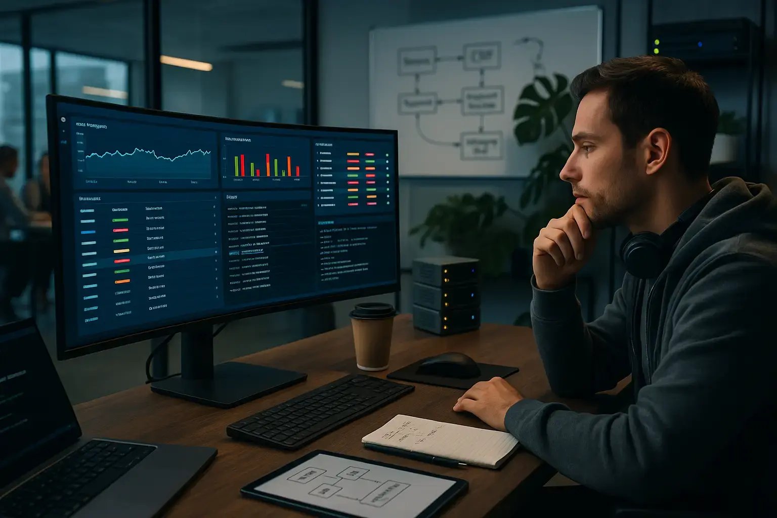 IT-Spezialist analysiert Monitoring-Dashboard mit Performance- und Statusanzeigen am großen Monitor in moderner Büroumgebung