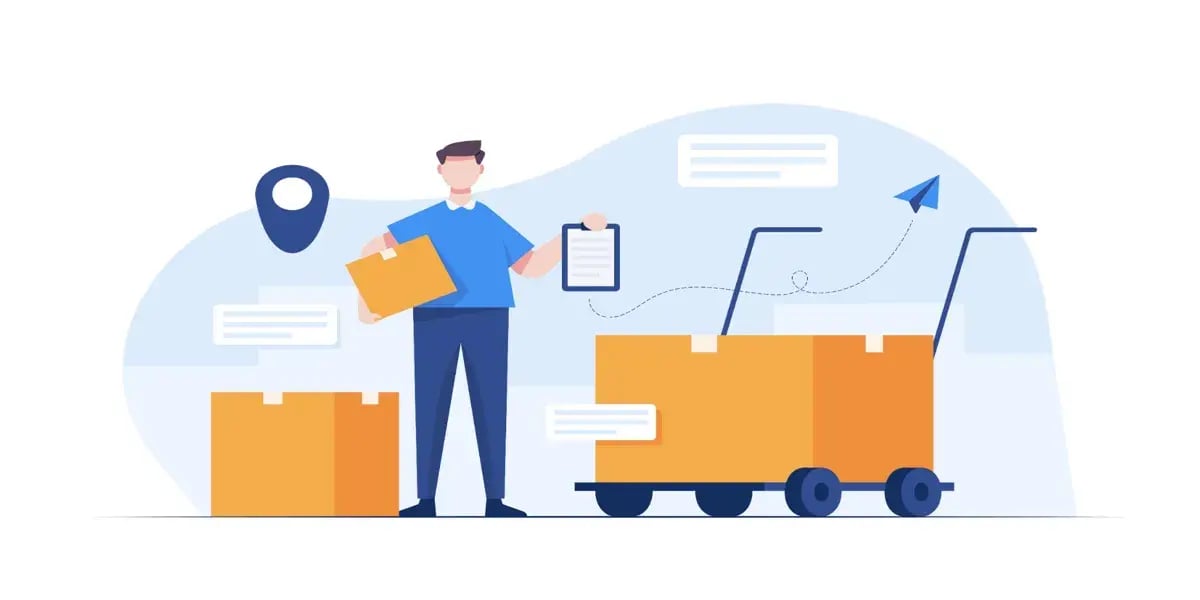Illustration eines Mitarbeiters mit Paket und Klemmbrett, der vor einem Wagen mit Versandkartons steht – Symbol für Logistik oder Lagerverwaltung.