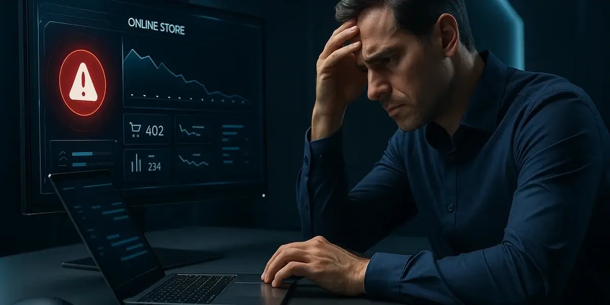 Gestresster Mann vor Monitor mit Fehlermeldung und sinkender Umsatzgrafik – Symbol für Probleme im Online-Shop.