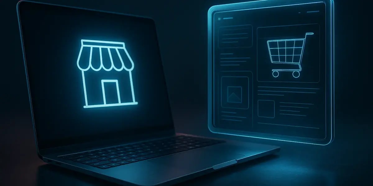 Laptop mit leuchtendem Shopsymbol neben holografischer Benutzeroberfläche eines E-Commerce-Systems.