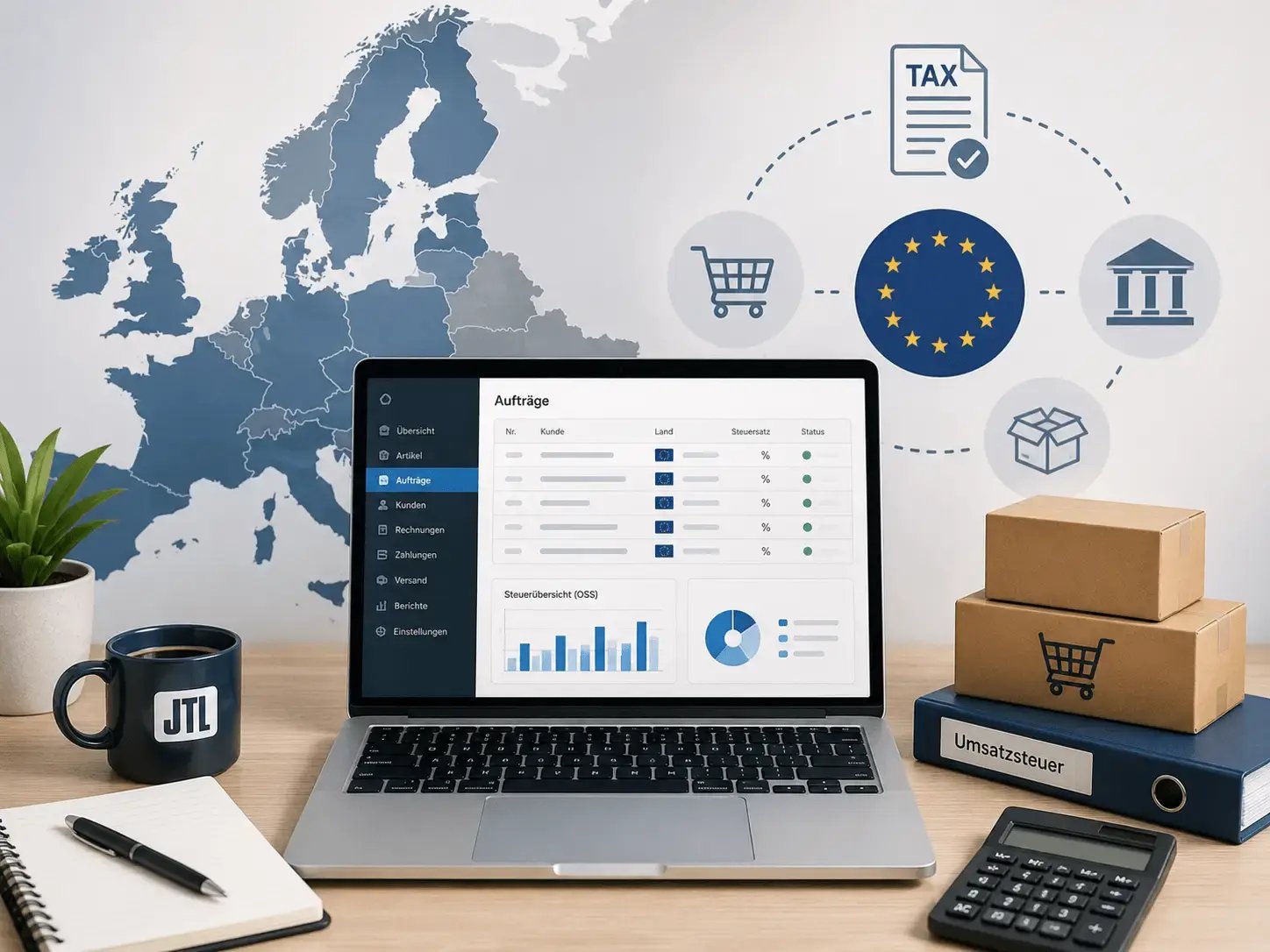 JTL OSS in JTL-Wawi einrichten – Übersicht der Einrichtung des One-Stop-Shop-Verfahrens (OSS) mit Steuerzonen, Steuersätzen und Konfiguration für den EU-weiten Versandhandel