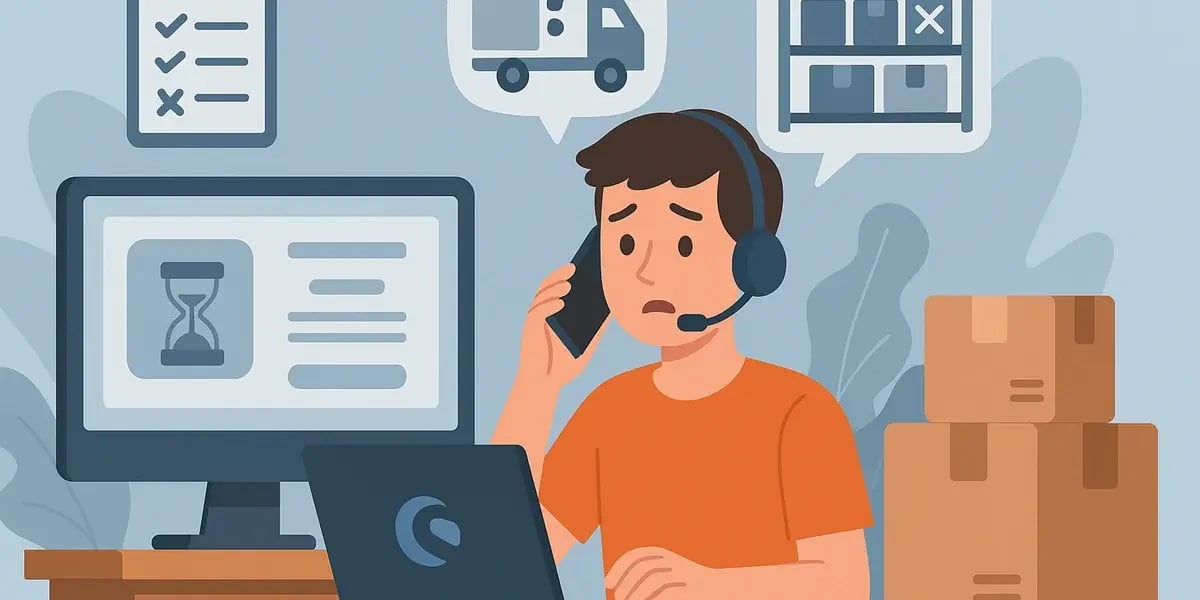 Illustration eines gestressten Support-Mitarbeiters am Schreibtisch mit Computer, Laptop und Symbolen für Lieferprobleme und fehlende Waren.