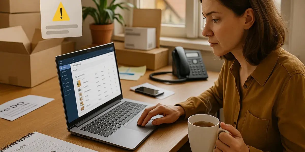 Frau arbeitet konzentriert am Laptop mit einer Warnmeldung auf dem Bildschirm, während sie eine Tasse Kaffee hält.