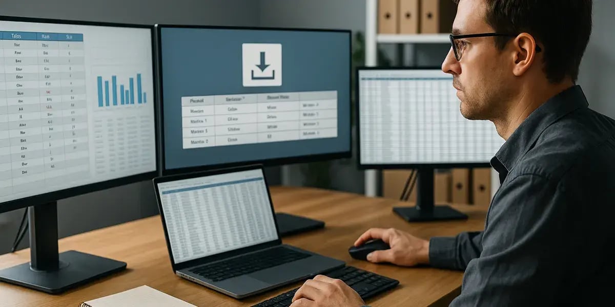 Mann sitzt vor mehreren Bildschirmen mit Tabellen, Diagrammen und Download-Symbol im Büro.