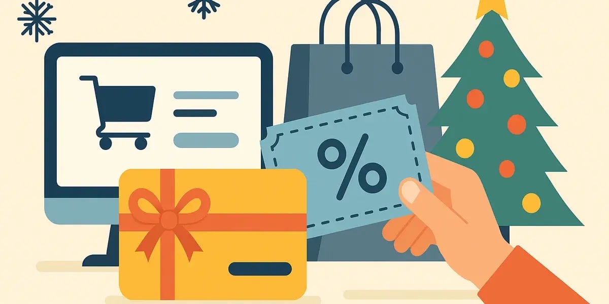 Illustration eines Online-Weihnachtseinkaufs mit Computer, Geschenkgutschein, Rabattkarte, Einkaufstasche und Weihnachtsbaum.