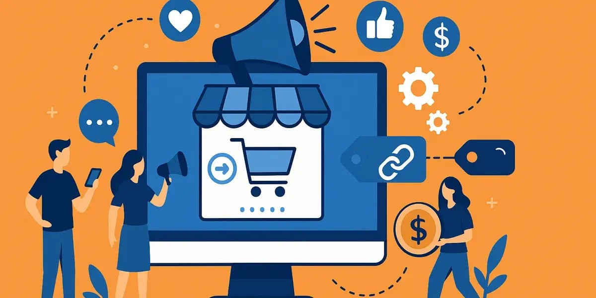 Grafik eines großen Monitors mit Einkaufswagensymbol, umgeben von Menschen und Symbolen für Marketing, Finanzen und E-Commerce.
