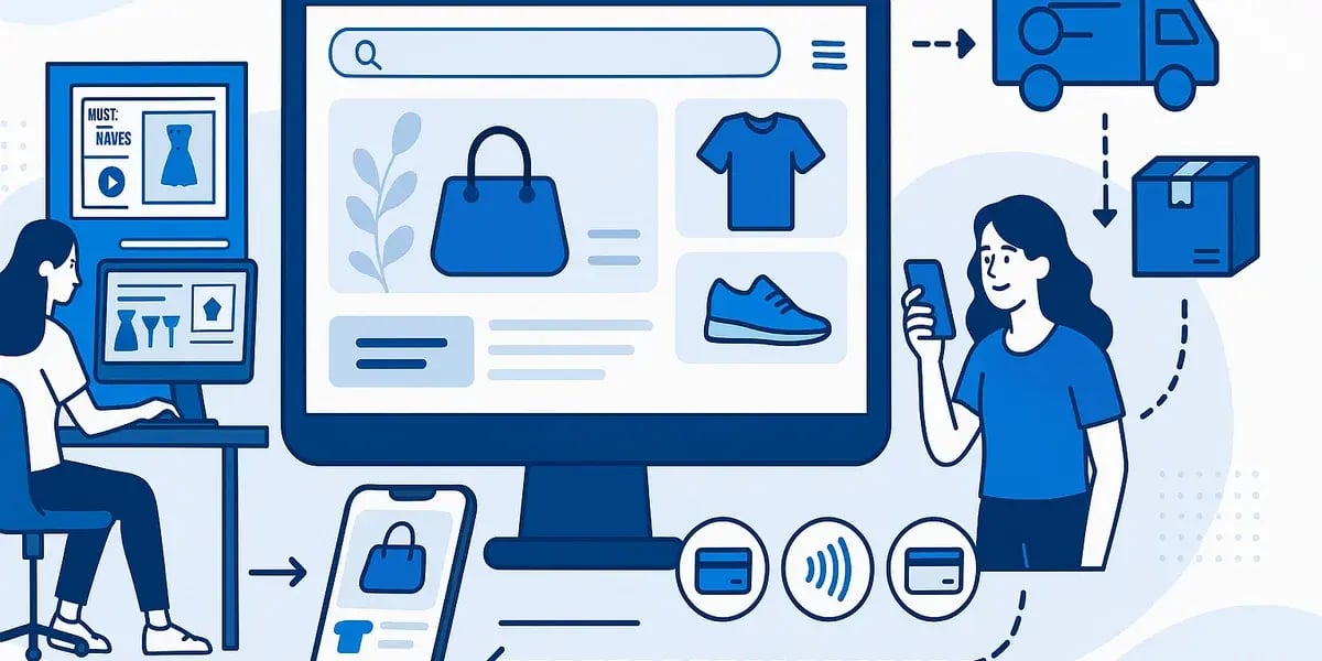 Illustration von Online-Shopping mit Desktop, Smartphone, Zahlungsmethoden, Lieferung und glücklicher Kundin.