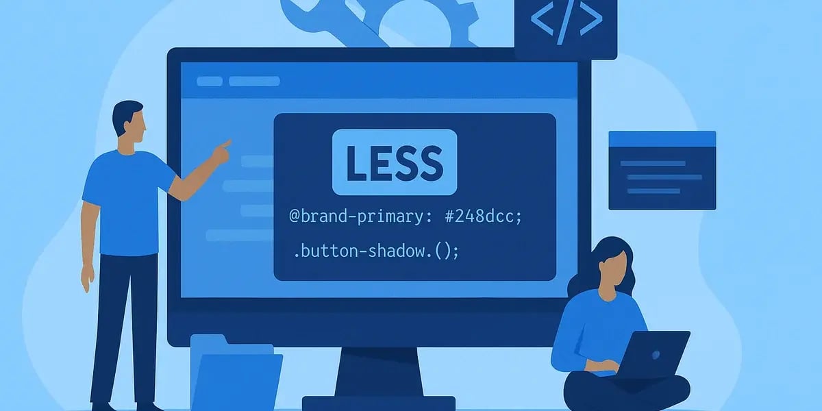 Illustration von Entwicklern, die LESS-CSS-Code auf einem großen Monitor besprechen und anwenden.