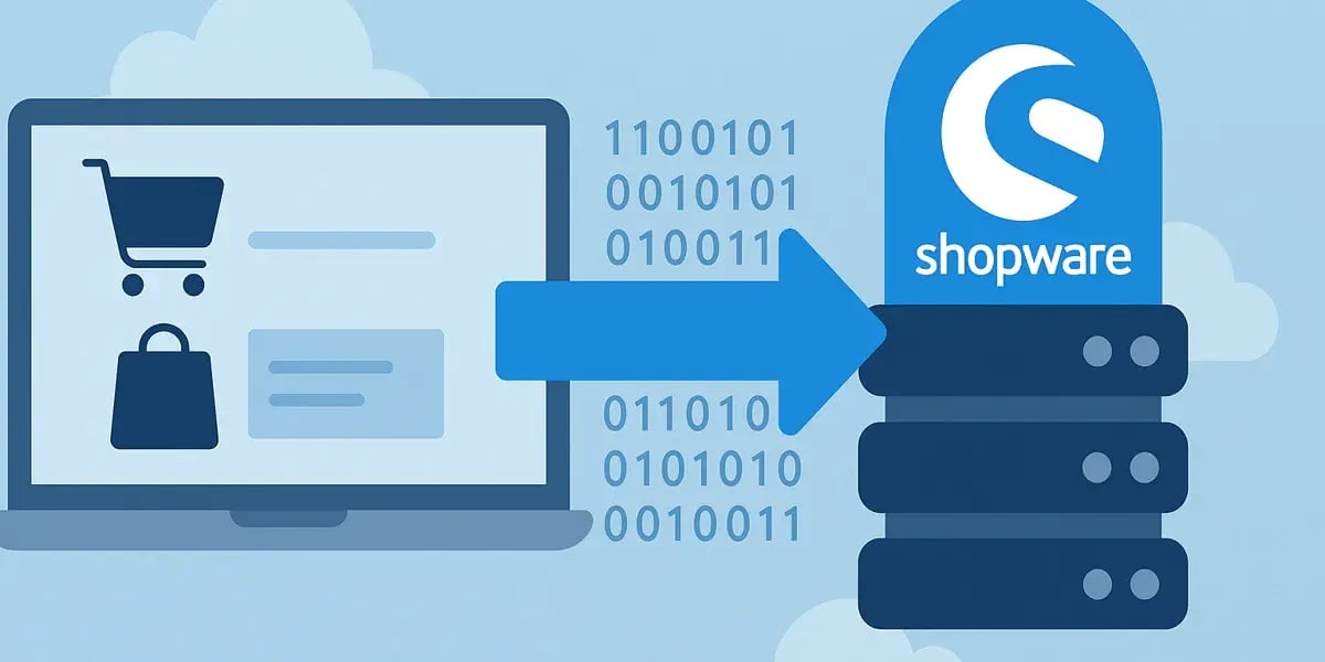 Illustration eines Datentransfers von einem Onlineshop zu Shopware mit Server-Symbolen und Binärcode.