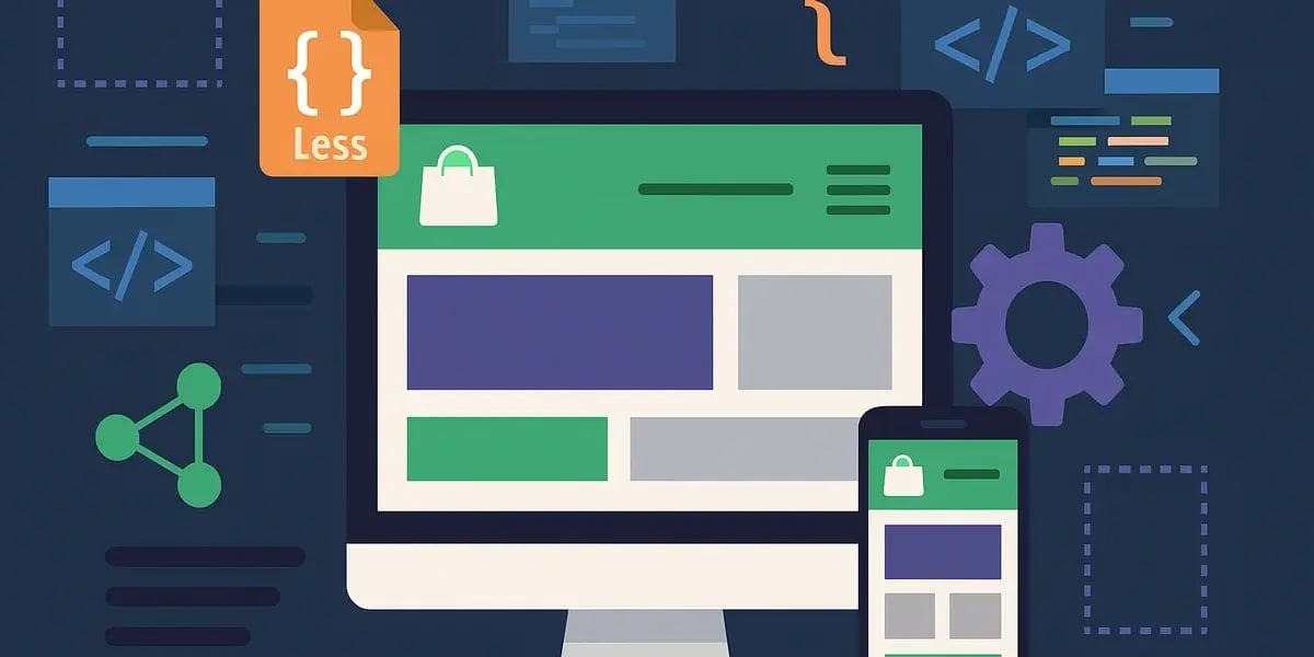 Illustration einer responsiven Website mit LESS-Stylesheet-Symbolen, Desktop- und Mobile-Ansicht, umgeben von Code- und Design-Elementen.