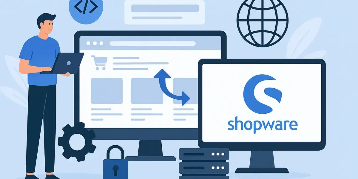 Grafik mit Entwickler, Computern und Symbolen, die die Einrichtung und Verwaltung eines Shopware-Shops darstellen.