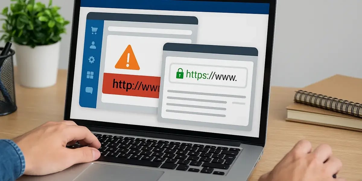 Foto eines Laptops mit Warnhinweis für unsichere HTTP-Seite und grünem Symbol für sichere HTTPS-Verbindung.