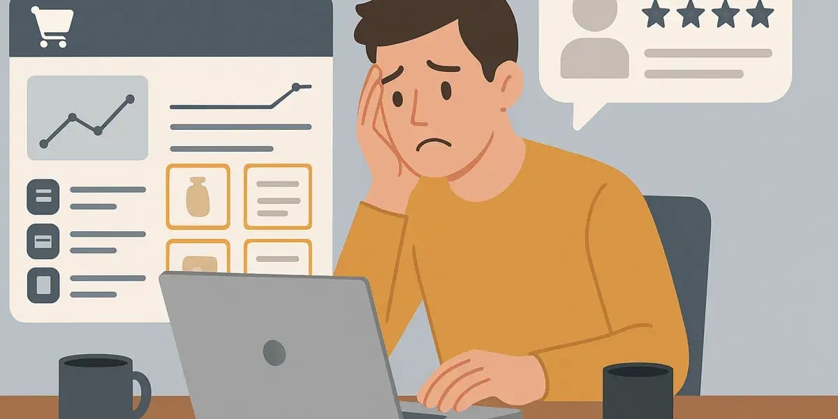 Mann sitzt frustriert vor dem Laptop, während Kundenbewertungen und Shop-Analysen angezeigt werden.