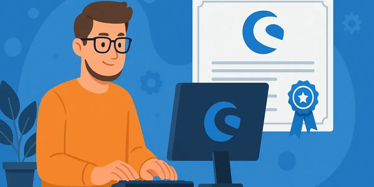 Illustration eines Entwicklers am Computer mit Shopware-Zertifikat und Auszeichnung im Hintergrund.