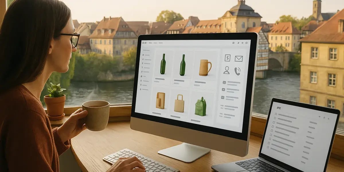 Frau sitzt am Schreibtisch mit Blick auf eine Altstadt am Fluss und bearbeitet einen Onlineshop am Computer.