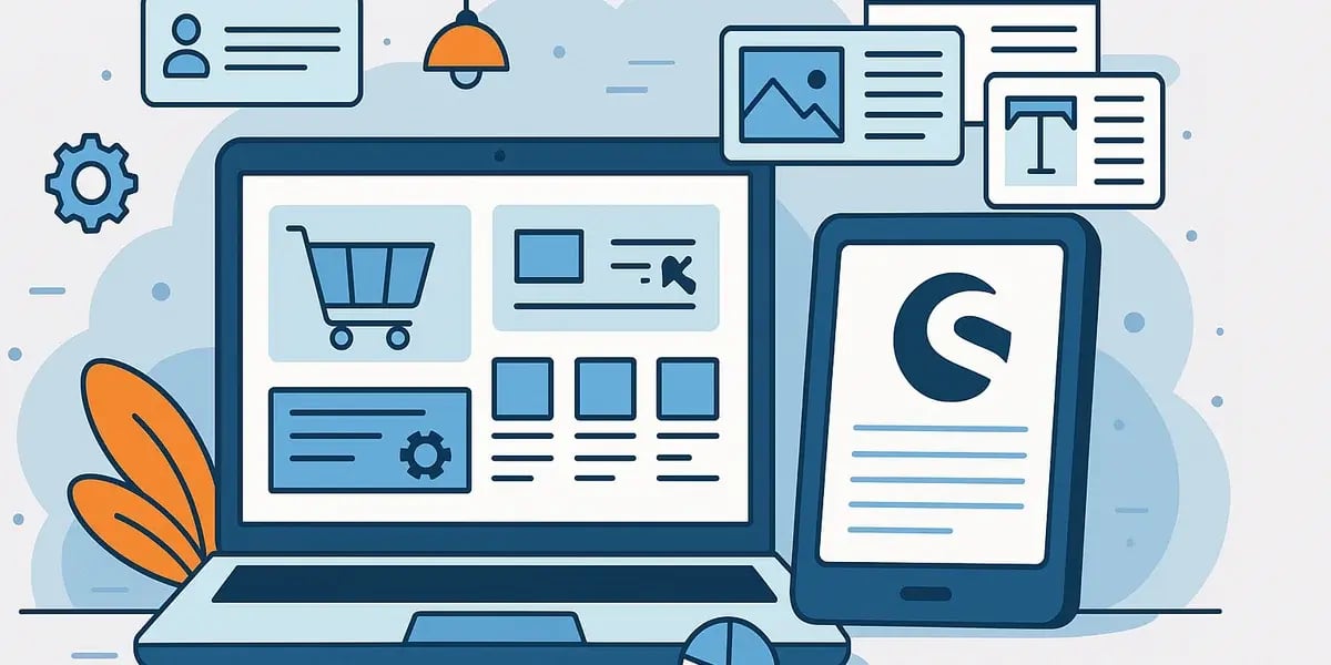 Illustration eines Laptops mit Onlineshop-Oberfläche und Tablet, umgeben von Symbolen für Inhalte, Benutzer und Statistiken.