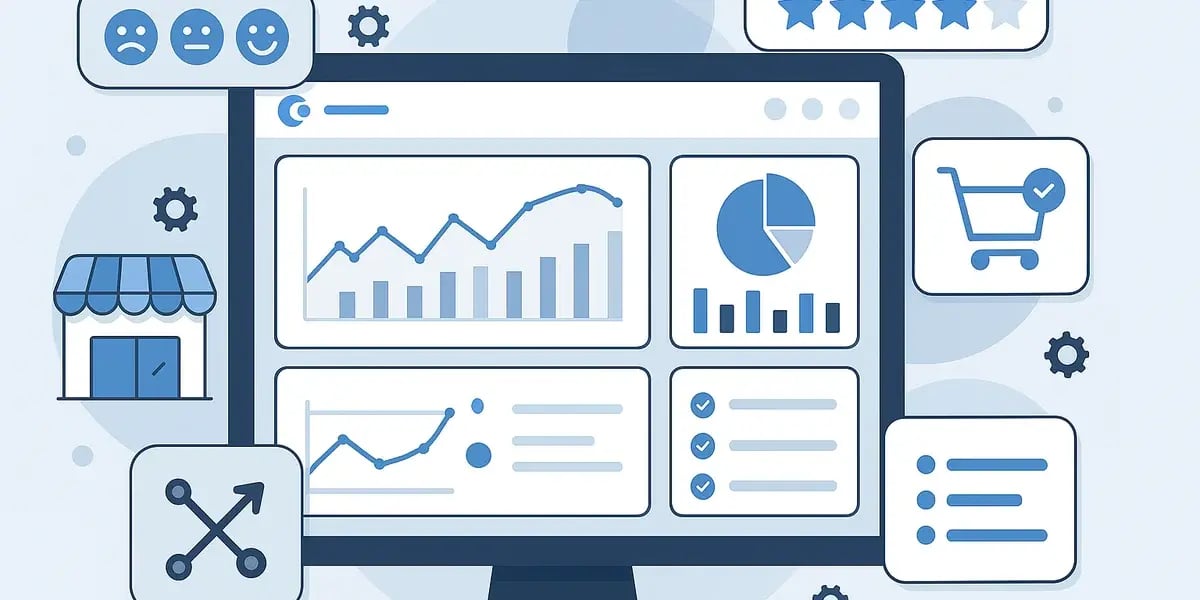 Illustration eines Dashboards mit Diagrammen, Einkaufswagen, Bewertungen und Symbolen für Shop-Performance.