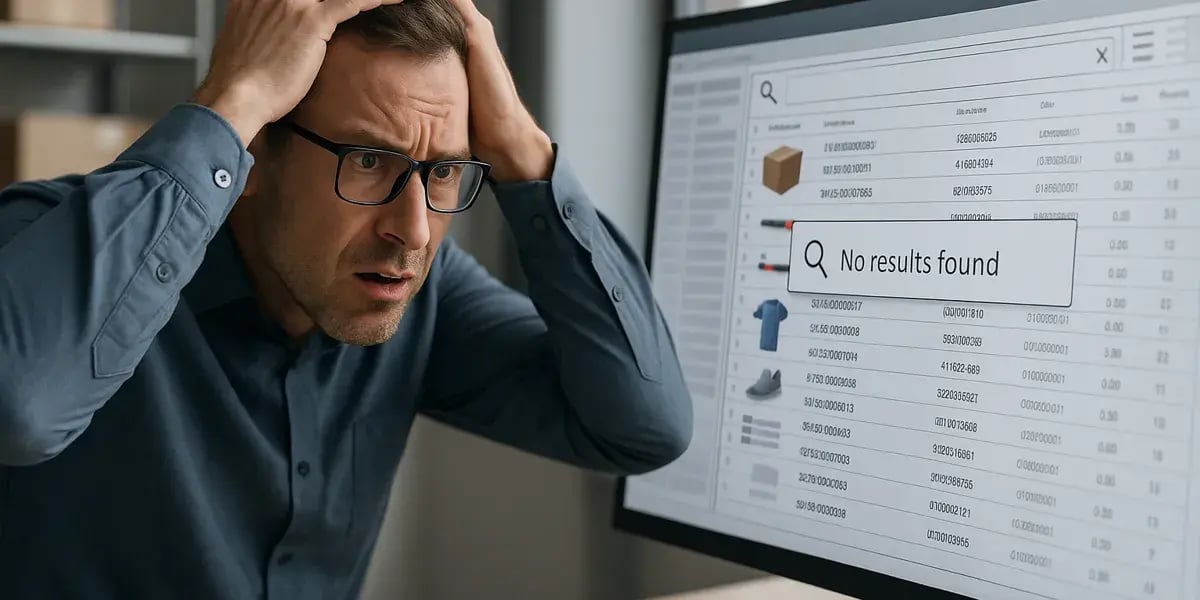 Mann greift sich entsetzt an den Kopf, während am Bildschirm eine Fehlermeldung „No results found“ angezeigt wird.
