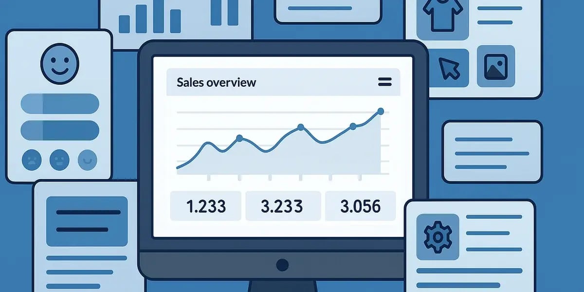 Illustration eines Verkaufs-Dashboards mit Diagrammen, Statistiken und Symbolen für Kundenzufriedenheit und Produkte.