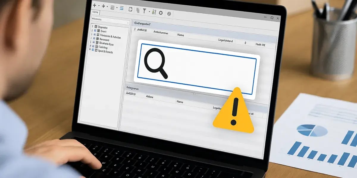 Nutzer arbeitet am Laptop, auf dem eine Suchfunktion mit Warnsymbol und Fehleranzeige sichtbar ist.