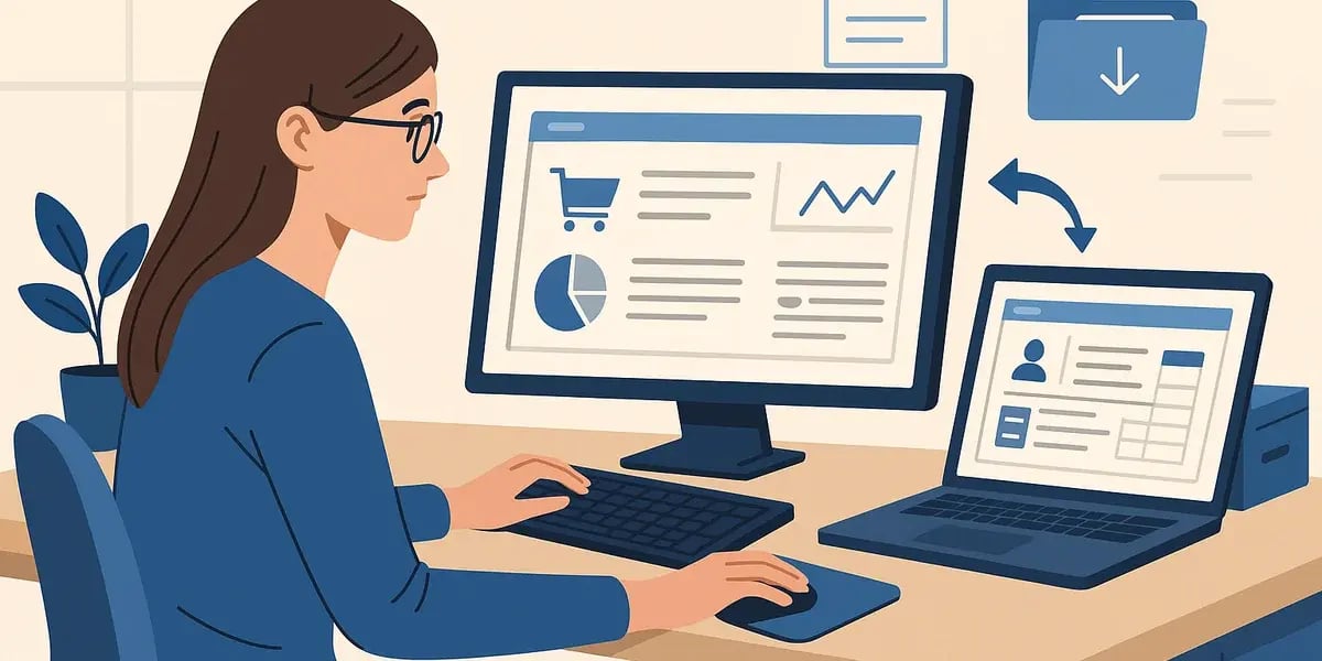 Illustration einer Frau am Schreibtisch, die auf zwei Monitoren ein E-Commerce-Dashboard und Kundendaten bearbeitet.