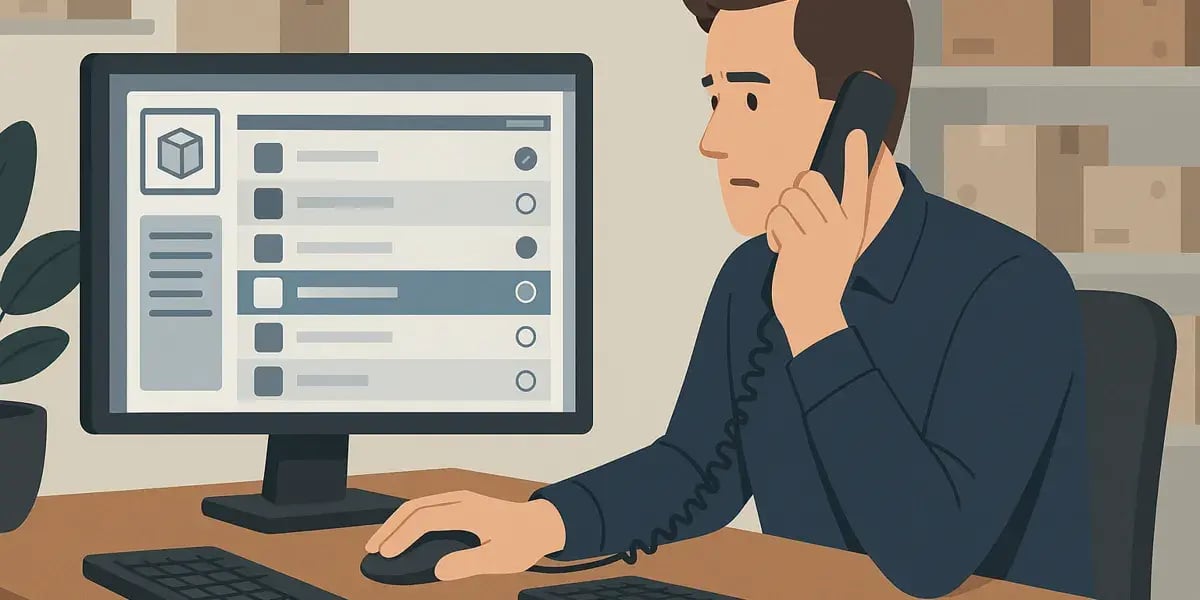 Illustration eines Mannes am Schreibtisch, der telefoniert und gleichzeitig Bestellungen am Computer bearbeitet.