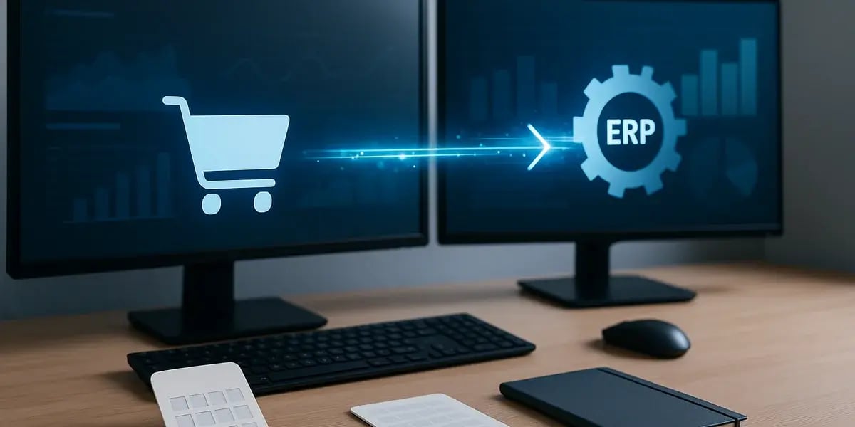 Foto von zwei Monitoren mit Visualisierung der Integration eines Onlineshops in ein ERP-System.