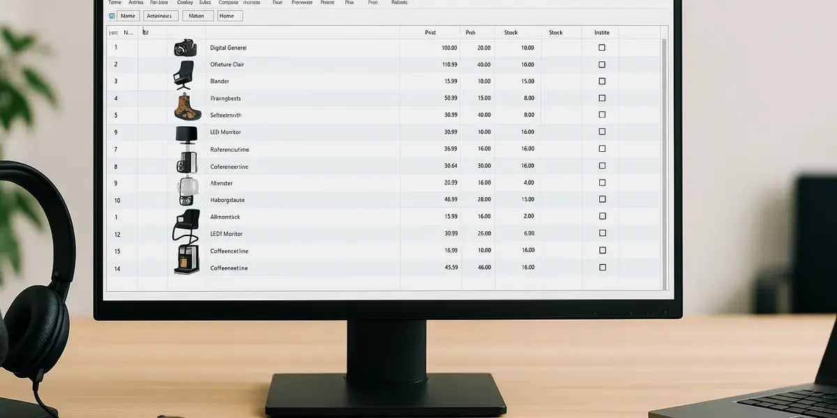 Monitor mit Produktliste und Lagerbeständen, aufgelistet mit Bildern, Preisen und verfügbarem Stock.