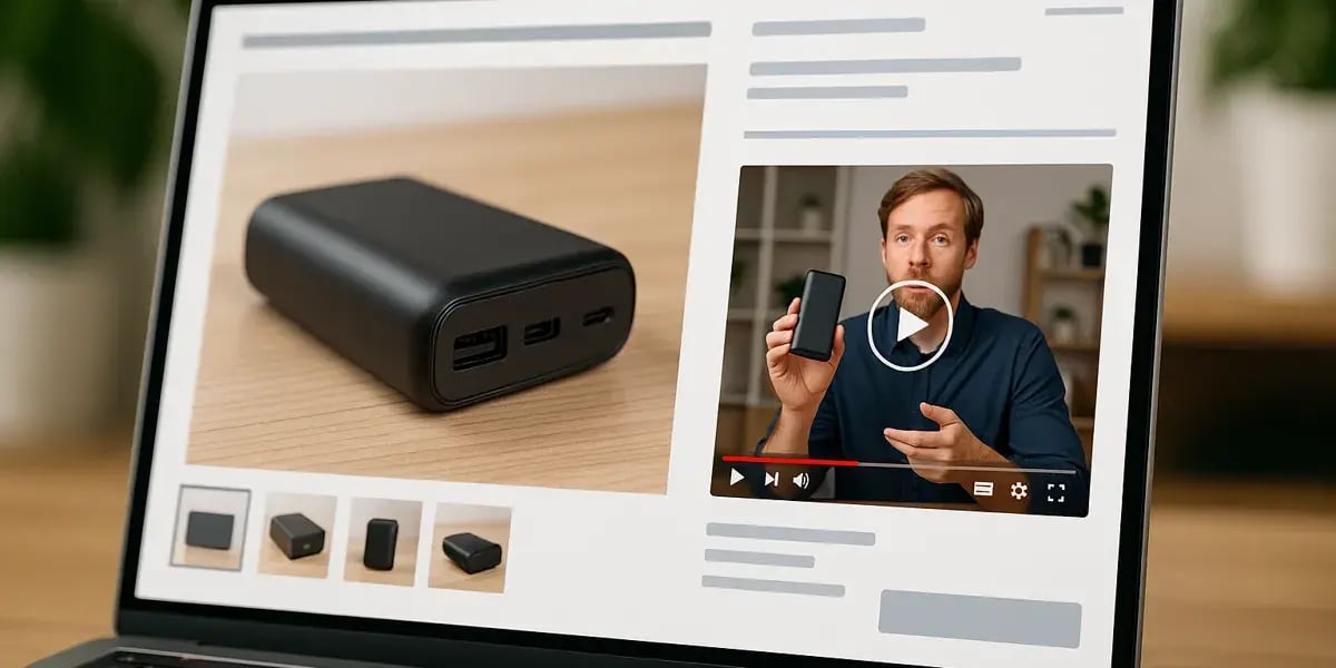 Laptop-Bildschirm zeigt Produktseite mit Powerbank und Video, in dem ein Mann das Produkt erklärt.