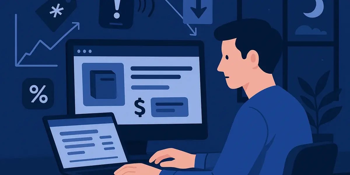 Illustration eines Mannes, der nachts an Laptop und Monitor arbeitet, umgeben von Symbolen für Rabatte und Umsatztrends.