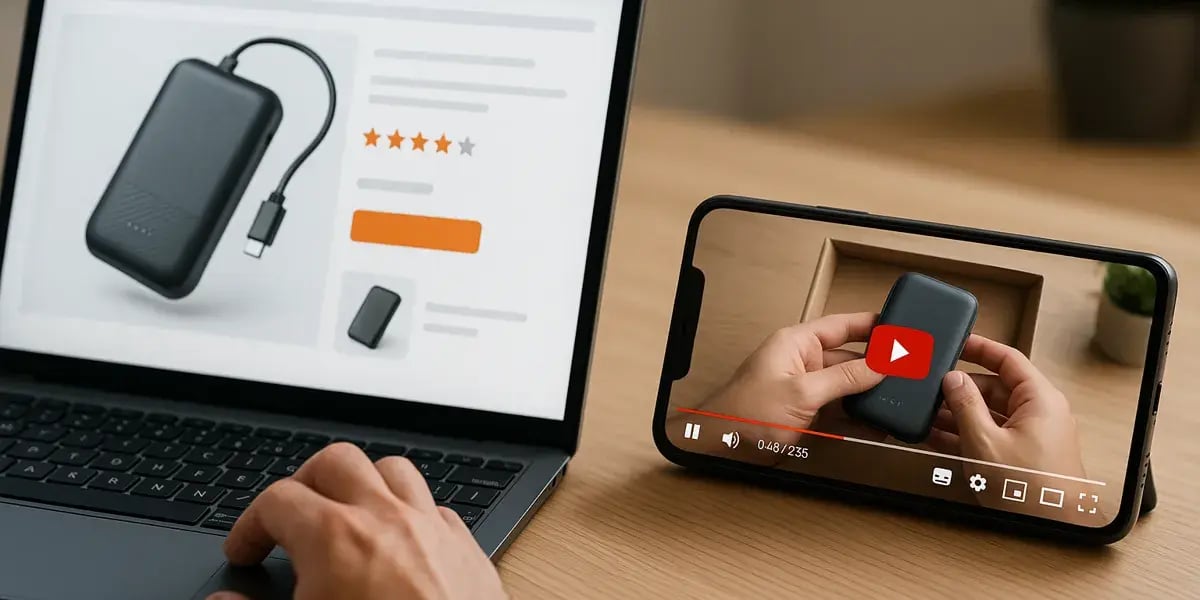 Nutzer sieht sich eine Produktseite mit Powerbank am Laptop an, während auf dem Smartphone ein Unboxing-Video läuft.