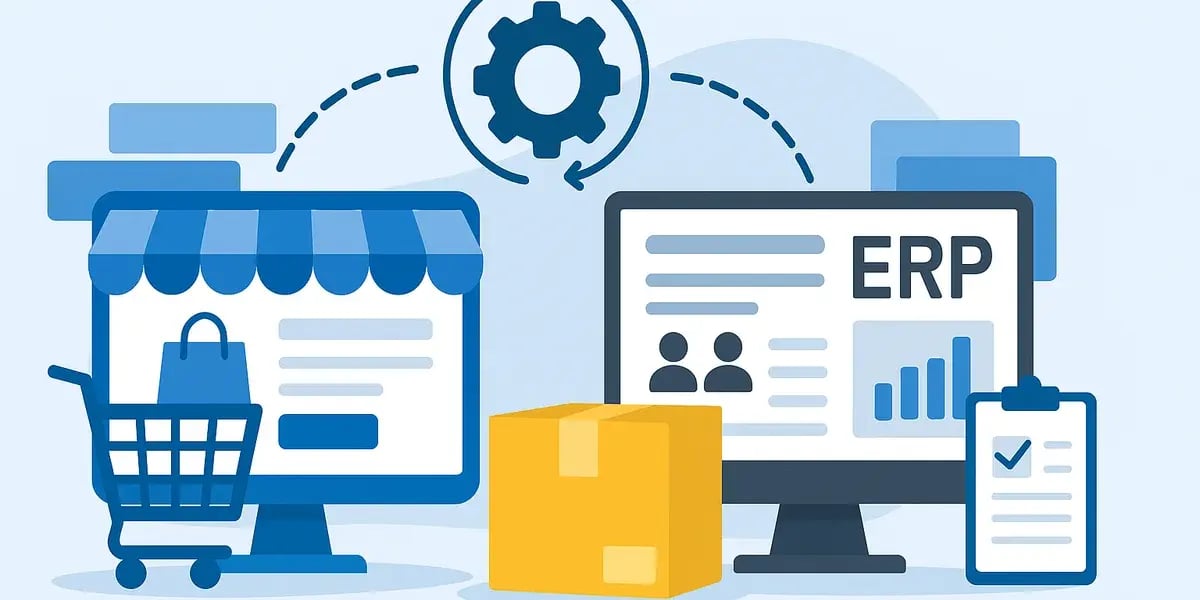 Illustration der Integration eines Onlineshops mit einem ERP-System, dargestellt durch Monitore, Warenkorb und Paket.