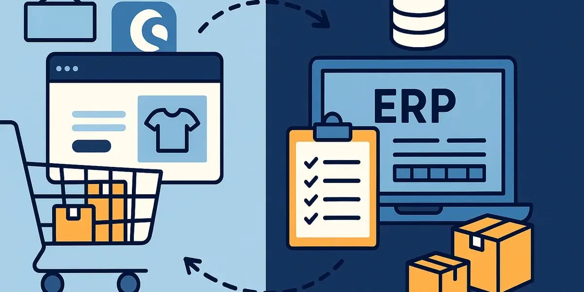 Illustration eines Warenkorbs und eines ERP-Systems mit Datenaustausch, Symbolen für Bestellungen und Lagerverwaltung.