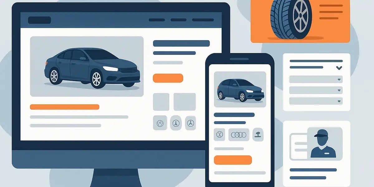 Illustration eines Autos auf einem Online-Marktplatz, dargestellt auf Desktop und Smartphone mit zusätzlichen Infos zu Reifen und Service.