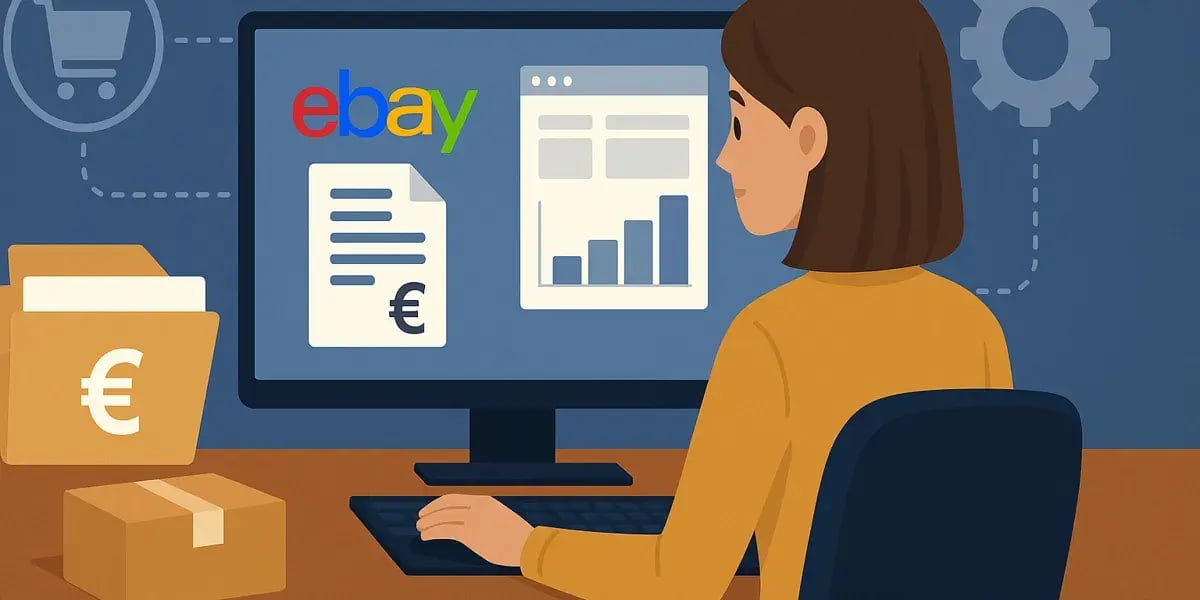 Illustration einer Frau am Computer, die eBay-Verkaufsdaten, Rechnungen und Statistiken bearbeitet.
