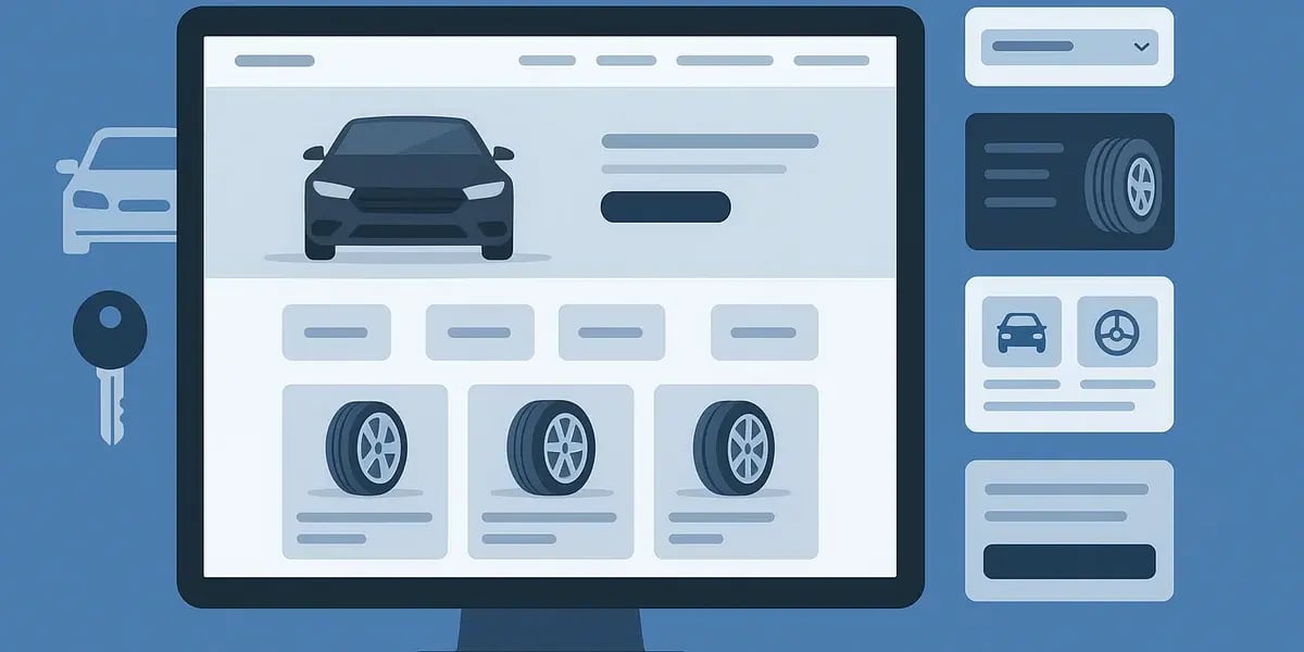 Illustration eines Online-Shops für Autos und Reifen mit Produktübersicht auf einem Desktopbildschirm.