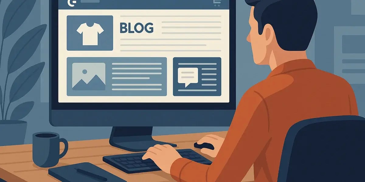 Illustration eines Mannes am Schreibtisch, der an einem Desktop-PC einen Blog mit Produkt- und Bildinhalten bearbeitet.