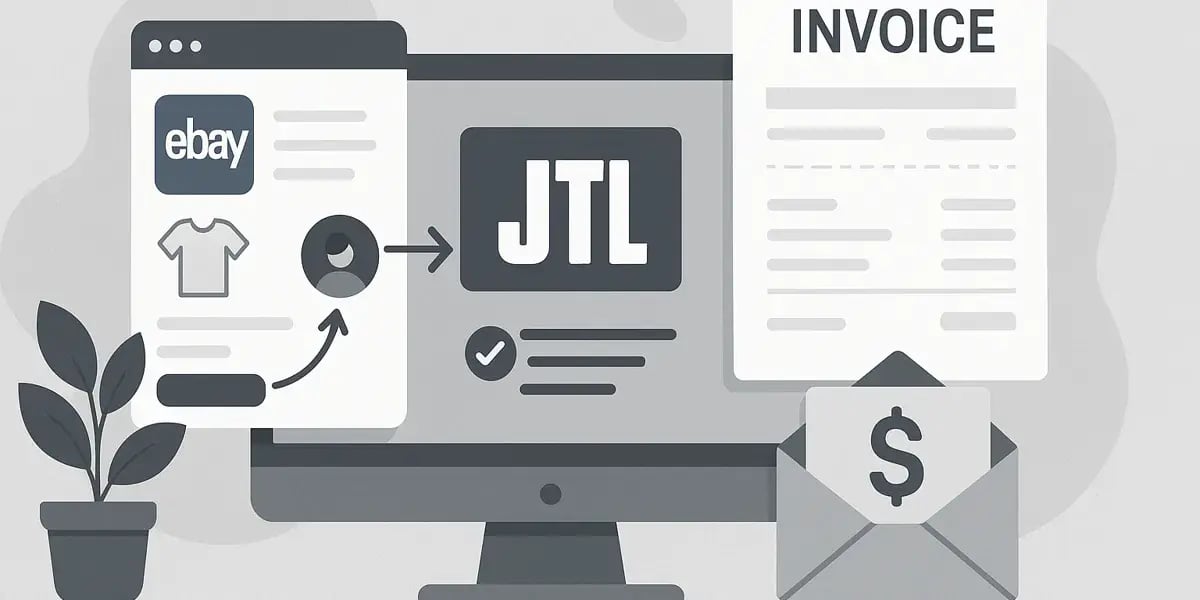 Grafische Darstellung eines Workflows mit eBay, JTL und automatischer Rechnungserstellung.